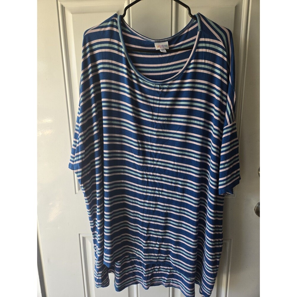 LuLaRoe  Striped Blue Pink Women Knit Short Sleeve Tunic Round Neck Women's 3XL